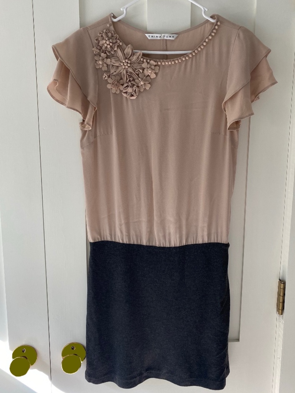 Trina Turk Silk Dress Mini Beige Gray Womens Size S